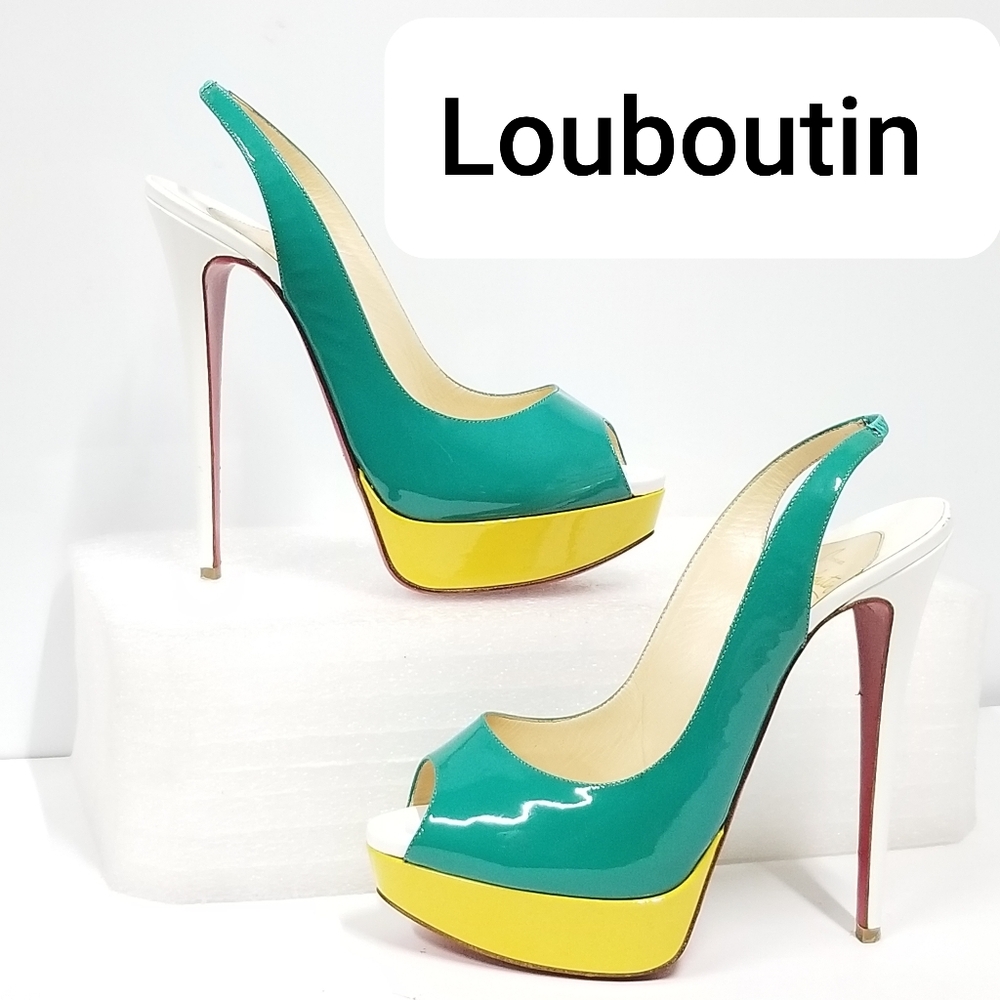 Christian Louboutin Green Yellow White Patent Leather Lady Peep Sling 150 Pumps